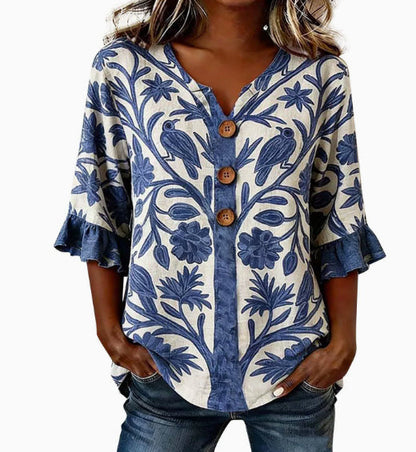 Womens Three-quarter-sleeve Buttoned Blouse With A Floral Pattern