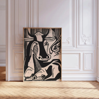 Gravure de vache d'Ernst Ludwig Kirchner : Art neutre noir et blanc