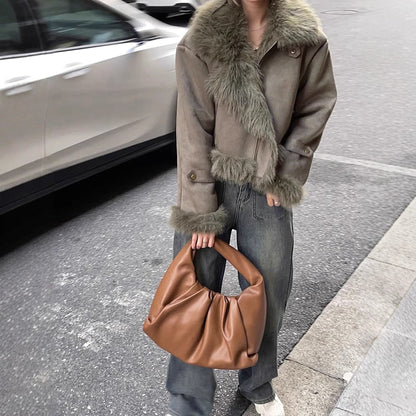 Women’s Leather & Fur-Lined Biker Jacket – Short Suede-Lined Motorcycle Coat