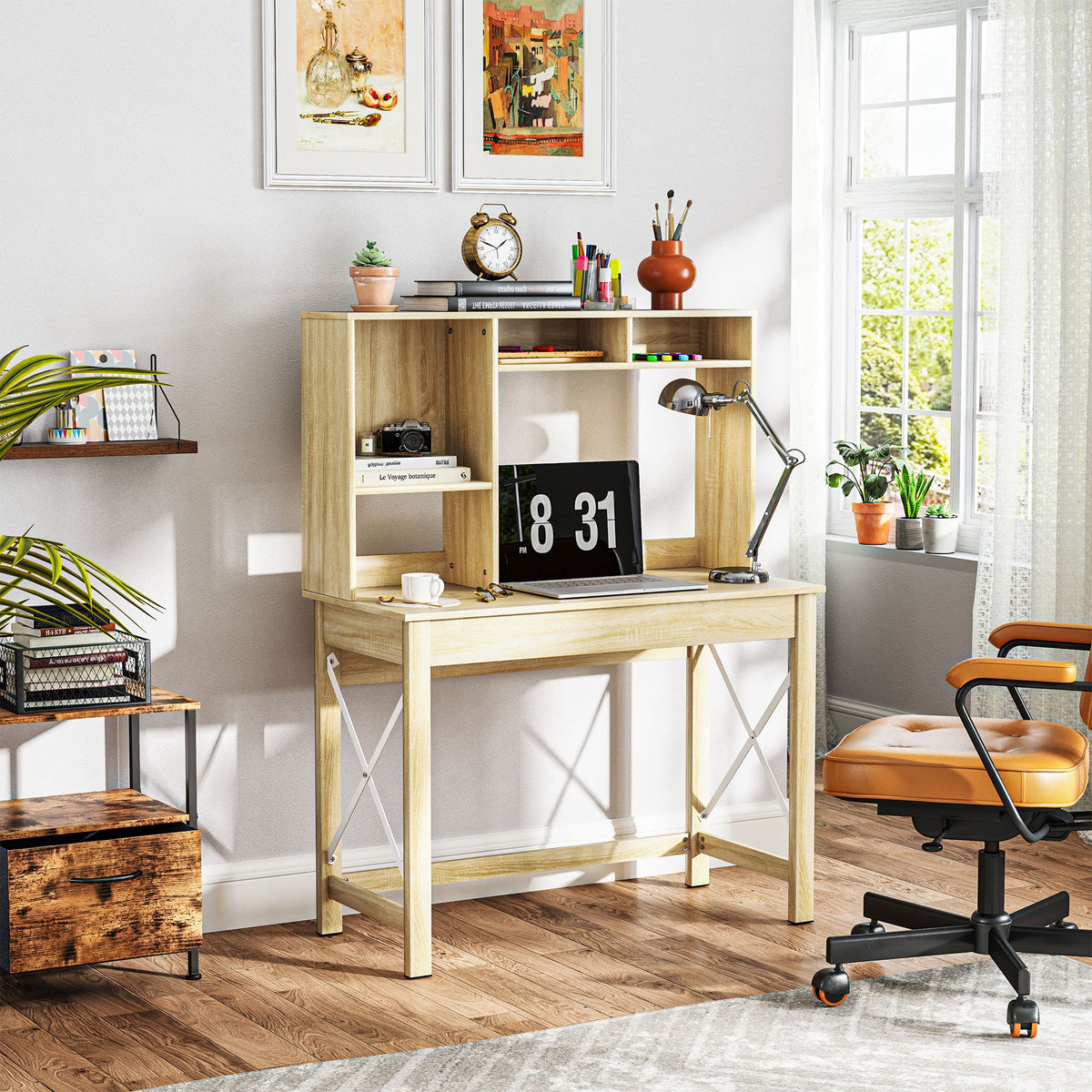 Bureau informatique Sloan avec surmeuble et étagères de rangement - Chêne