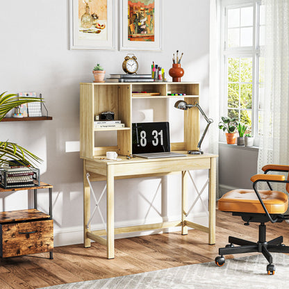 Bureau informatique Sloan avec surmeuble et étagères de rangement - Chêne