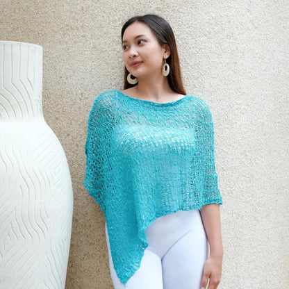 Poncho court en tricot Popcorn - Bleu sarcelle