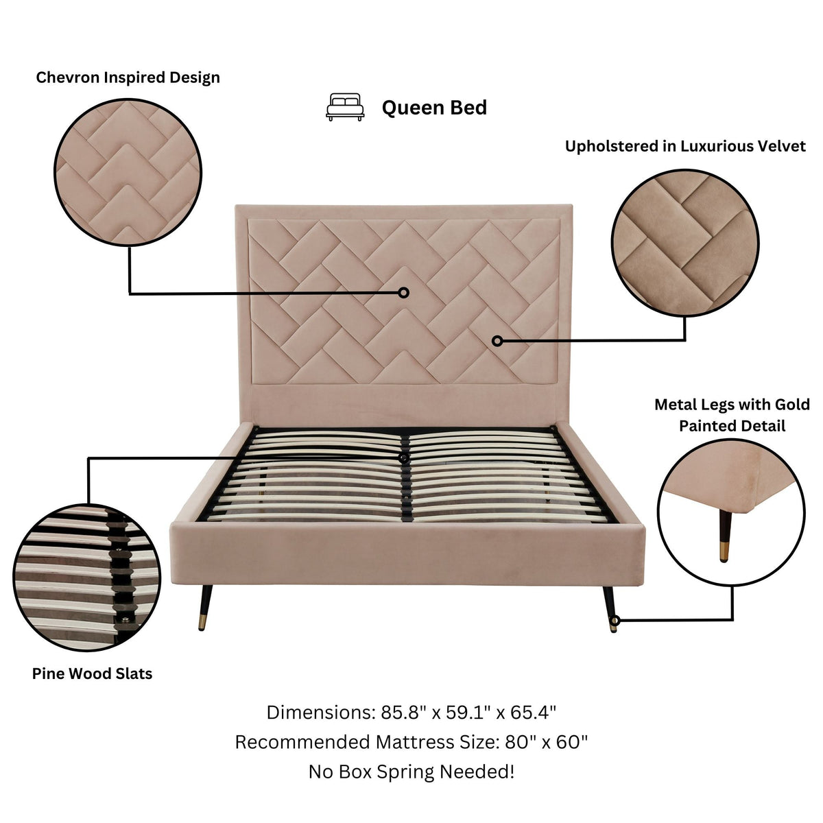 Lit plateforme Queen en velours rembourré Gallagher - Beige nude