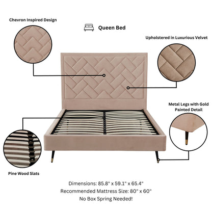 Lit plateforme Queen en velours rembourré Gallagher - Beige nude