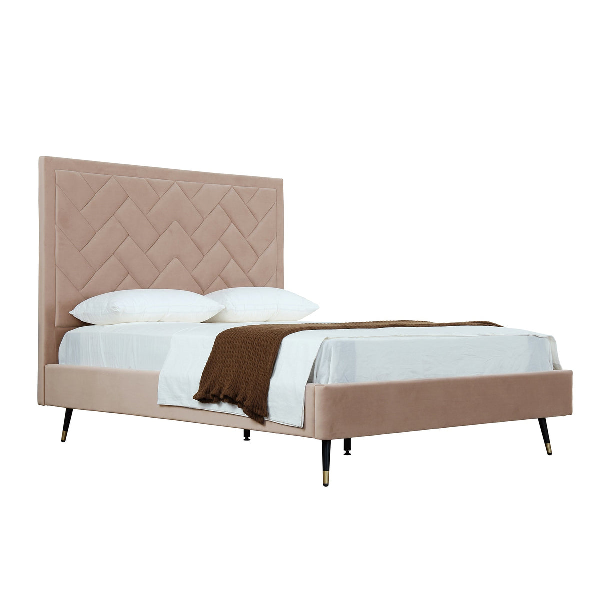 Lit plateforme Queen en velours rembourré Gallagher - Beige nude