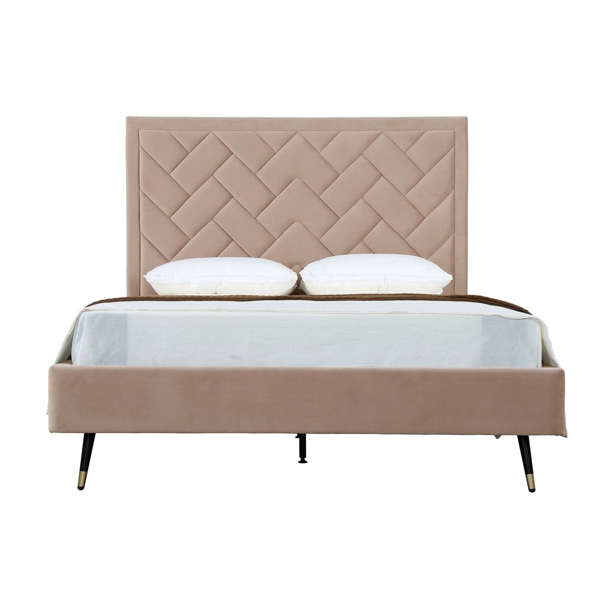 Lit plateforme Queen en velours rembourré Gallagher - Beige nude