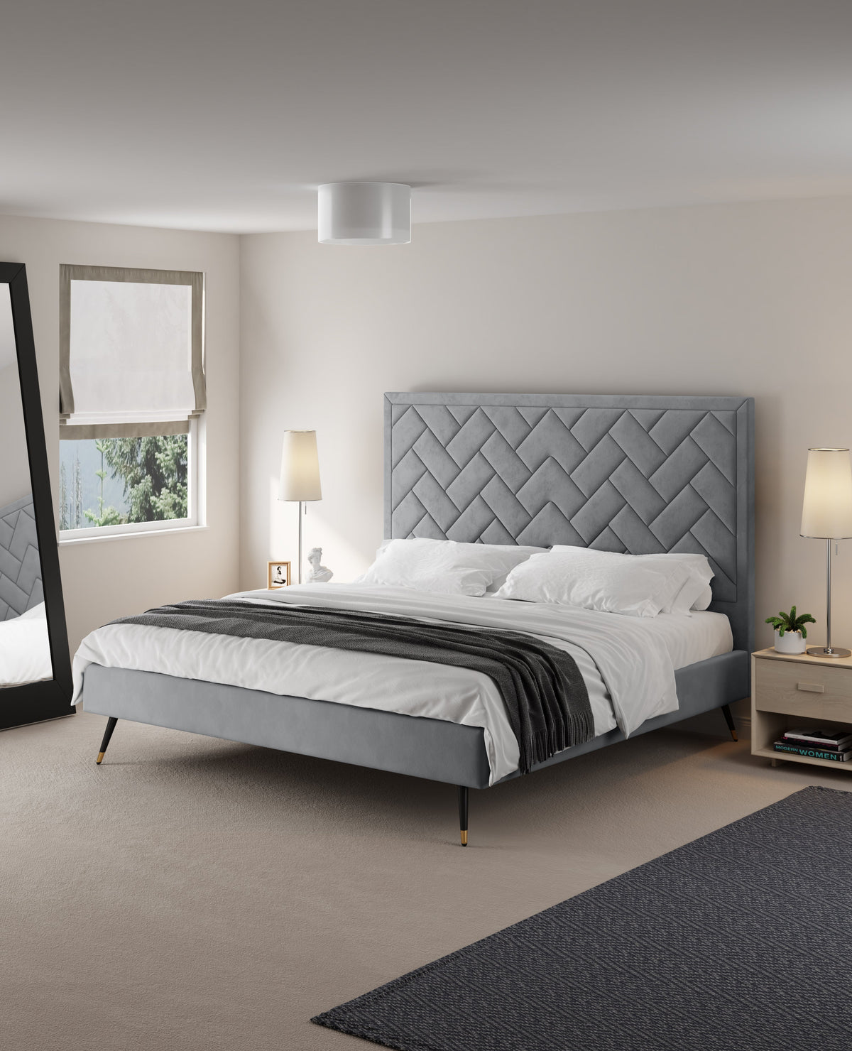 Lit plateforme en velours capitonné Gallagher - Gris
