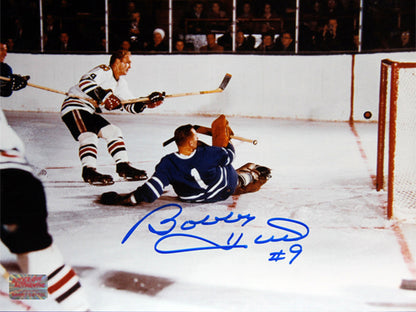 Bobby Hull Scores on Johnny Bower Signed 8x10 Photograph