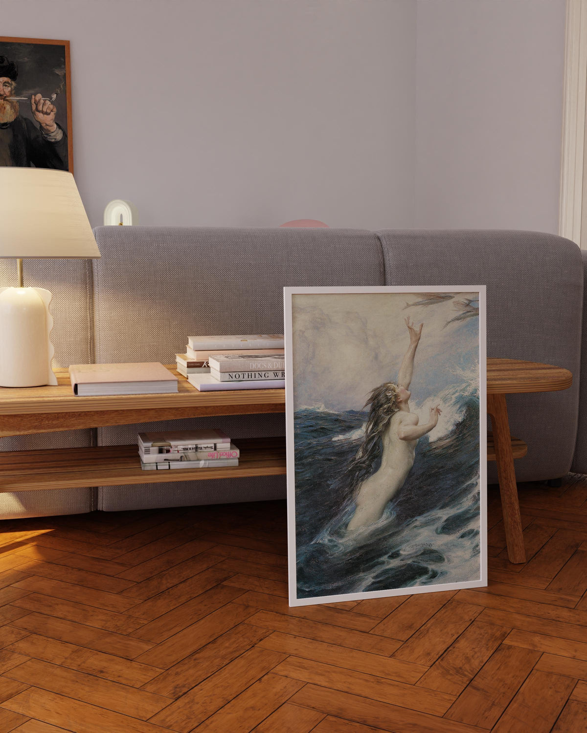 Le Poisson volant - Herbert James Draper | Fantaisie romantique océanique | Impression vintage déesse de la mer mythologique nue (disponible encadrée à la main ou sans cadre)