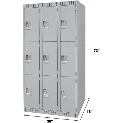 Lockers, 3 -tier, Bank of 3, 36" x 18" x 72", Steel, Grey, Knocked Down