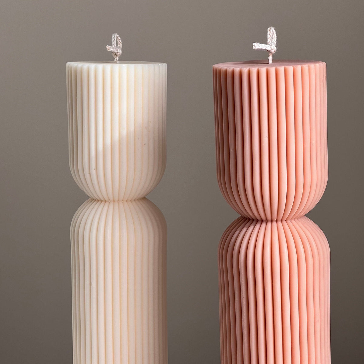 Ribbed Hourglass Pillar Candle: Sculptural Striped Soy Candle