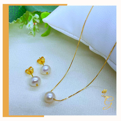 18K Real Gold White Pearl Earrings &amp; Necklace Set (18”)