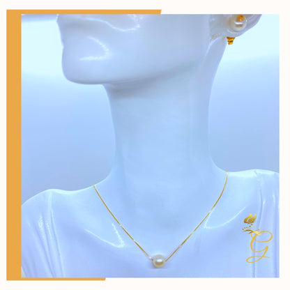 18K Real Gold White Pearl Earrings &amp; Necklace Set (18”)