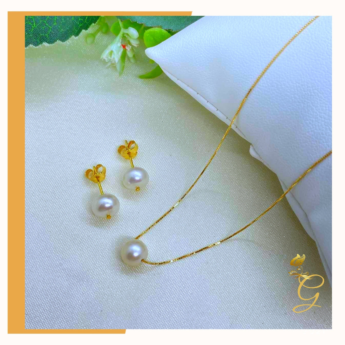 18K Real Gold White Pearl Earrings &amp; Necklace Set (18”)