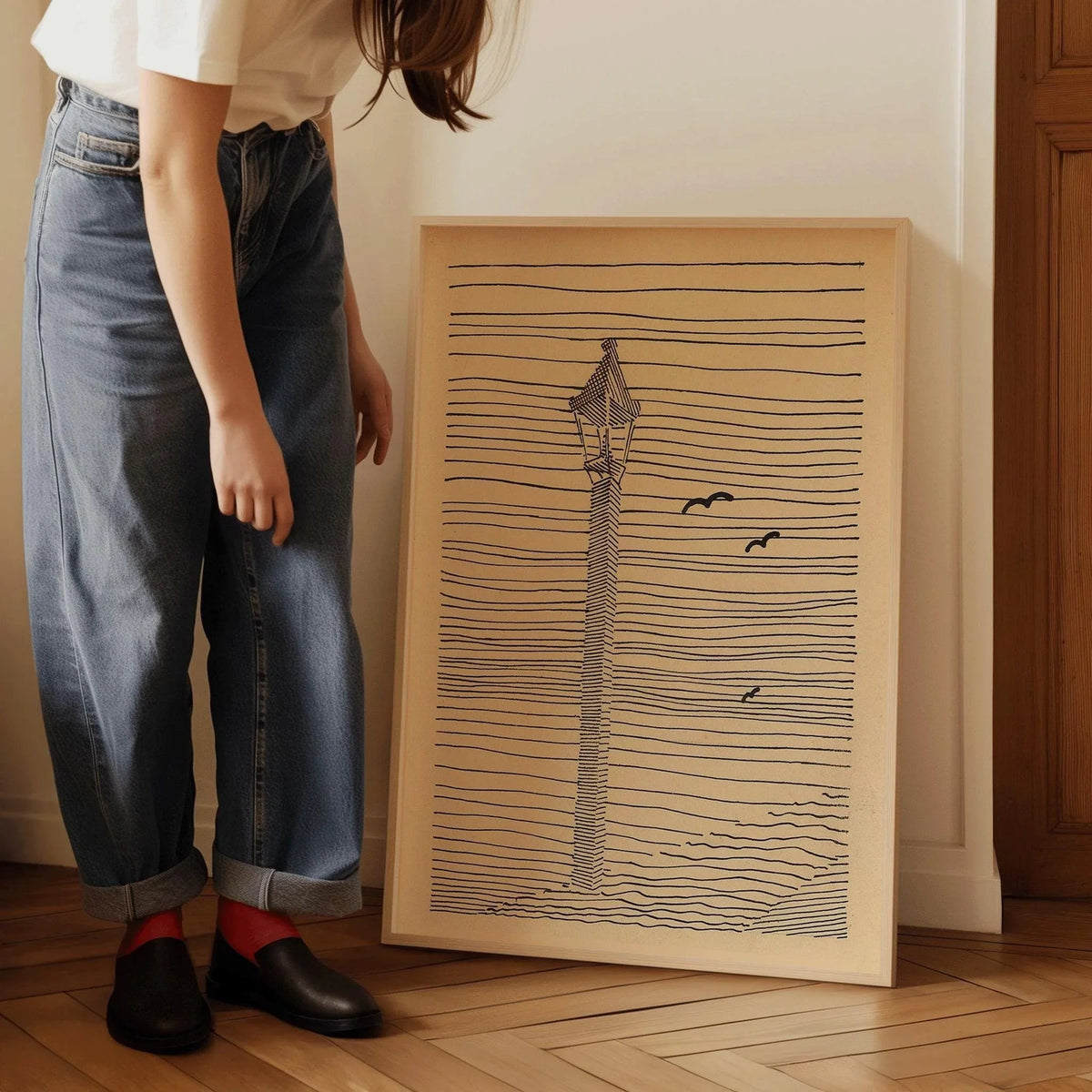 Karl Wiener - Lanterne et trois oiseaux | Art esquissé minimaliste beige (disponible encadré à la main ou non encadré)