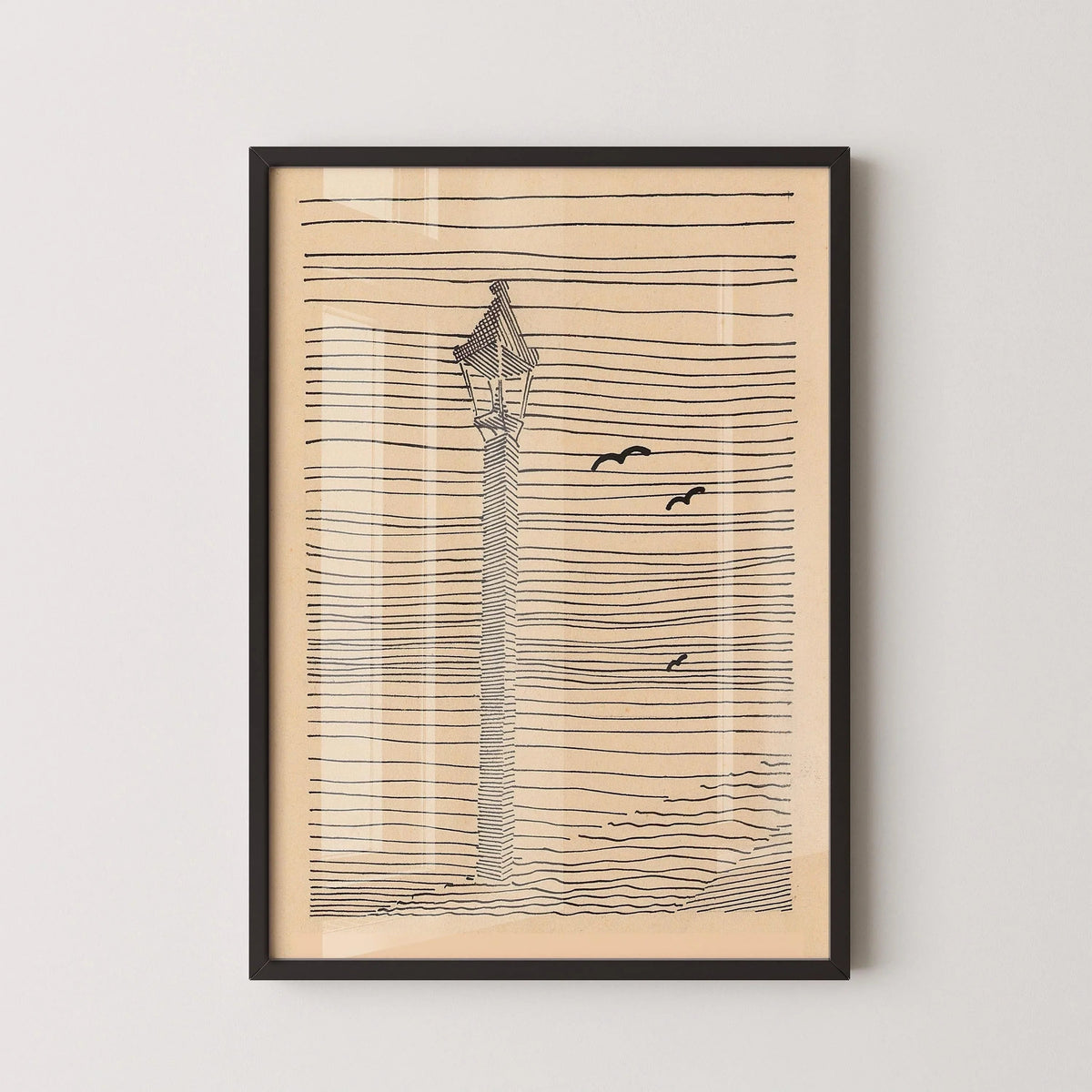 Karl Wiener - Lanterne et trois oiseaux | Art esquissé minimaliste beige (disponible encadré à la main ou non encadré)
