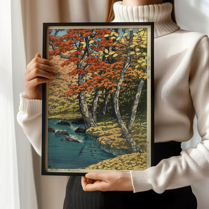 Estampe de forêt automnale de Kawase Hasui : Art japonais de l'estampe sur bois, Ruisseau tranquille