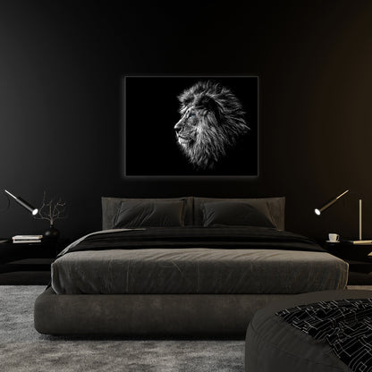Wildlife Canvas Art-Lions Head Blue Eye in Black and White -Silver varnish
