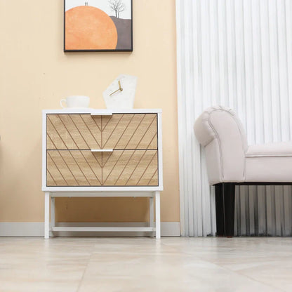 Emery Modern Bedside Table with 2 Drawers and Steel Legs-White/Oak