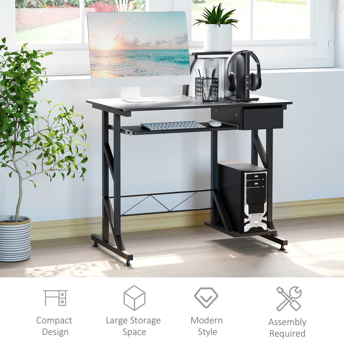 Bureau informatique Indy avec tablette coulissante pour clavier et tiroir – Noir