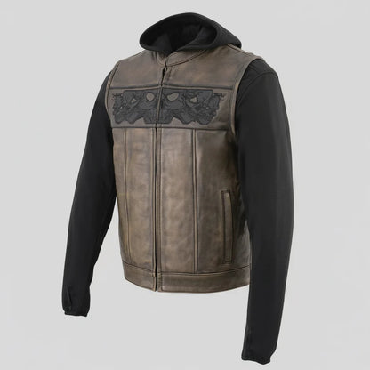 Milwaukee Leather Men's Skull Hoodie Leather Vest | 2-in-1 Moto Vest