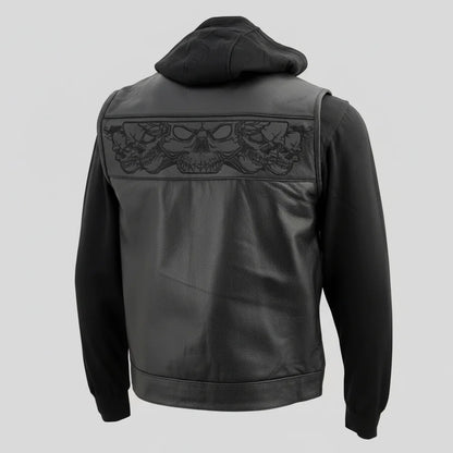 Milwaukee Leather Men's Black Leather Vest with Reflective Skulls & Full Hoodie Liner