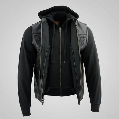Milwaukee Leather Men's Black Leather Vest with Reflective Skulls & Full Hoodie Liner