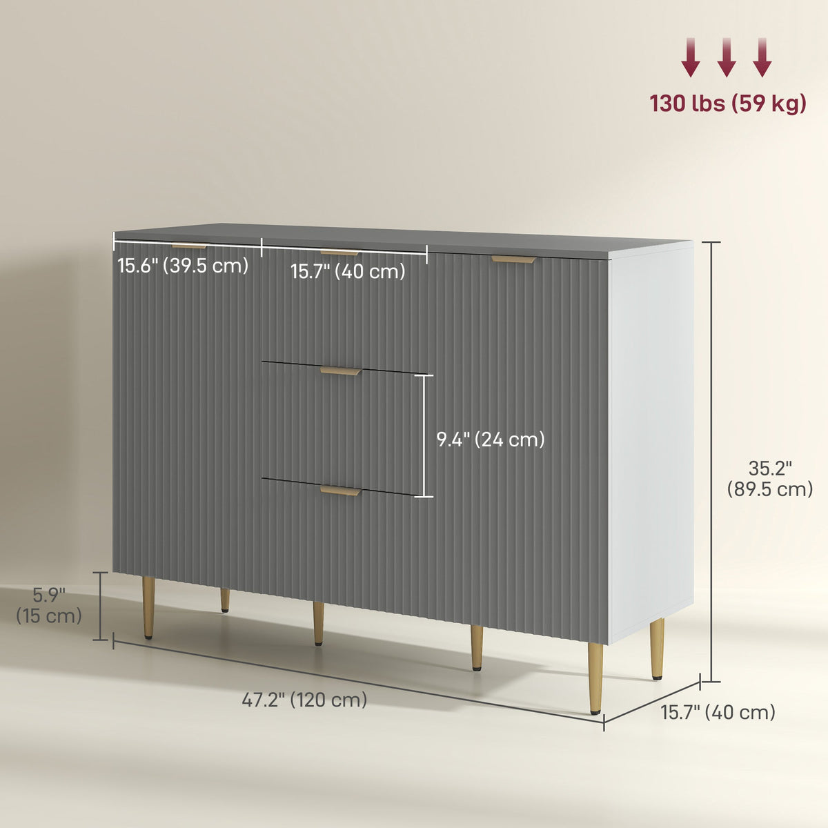 Buffet de cuisine moderne/Meuble d'entrée Ellis avec 3 tiroirs - Gris