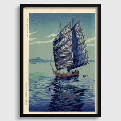 Okazaki Shintaro Japanese Woodblock Print: Moonlight Seascape, Framed Giclee Art