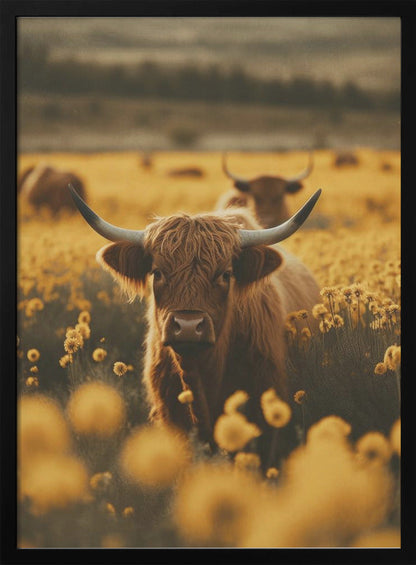 Wall Art Highland Cows In Flower Field