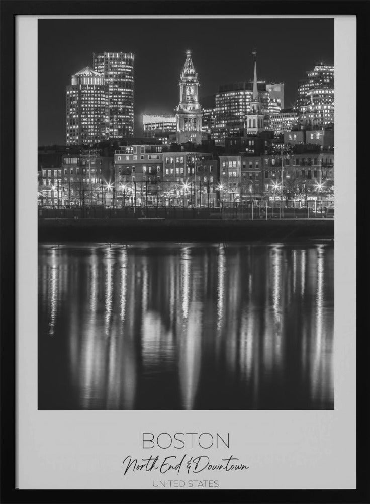Boston Waterfront Night Reflections Canvas Wall Art | BOSTON Evening Skyline of North End