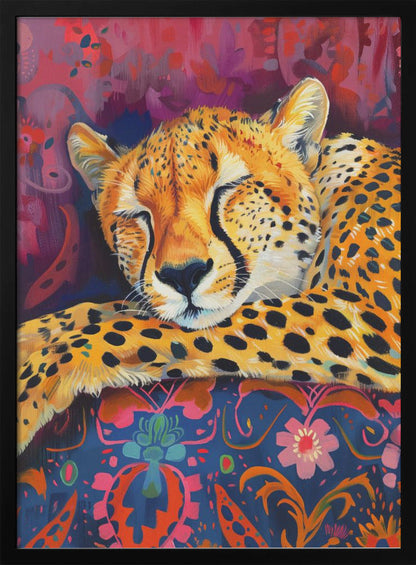 Resting Cheetah on Richly Patterned Fabric Canvas Wall Art