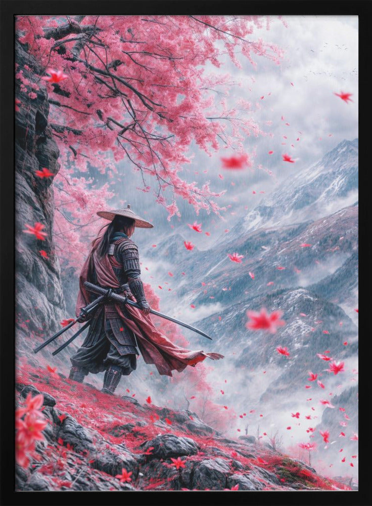 Samurai beneath Pink Blossom Trees Canvas Wall Art
