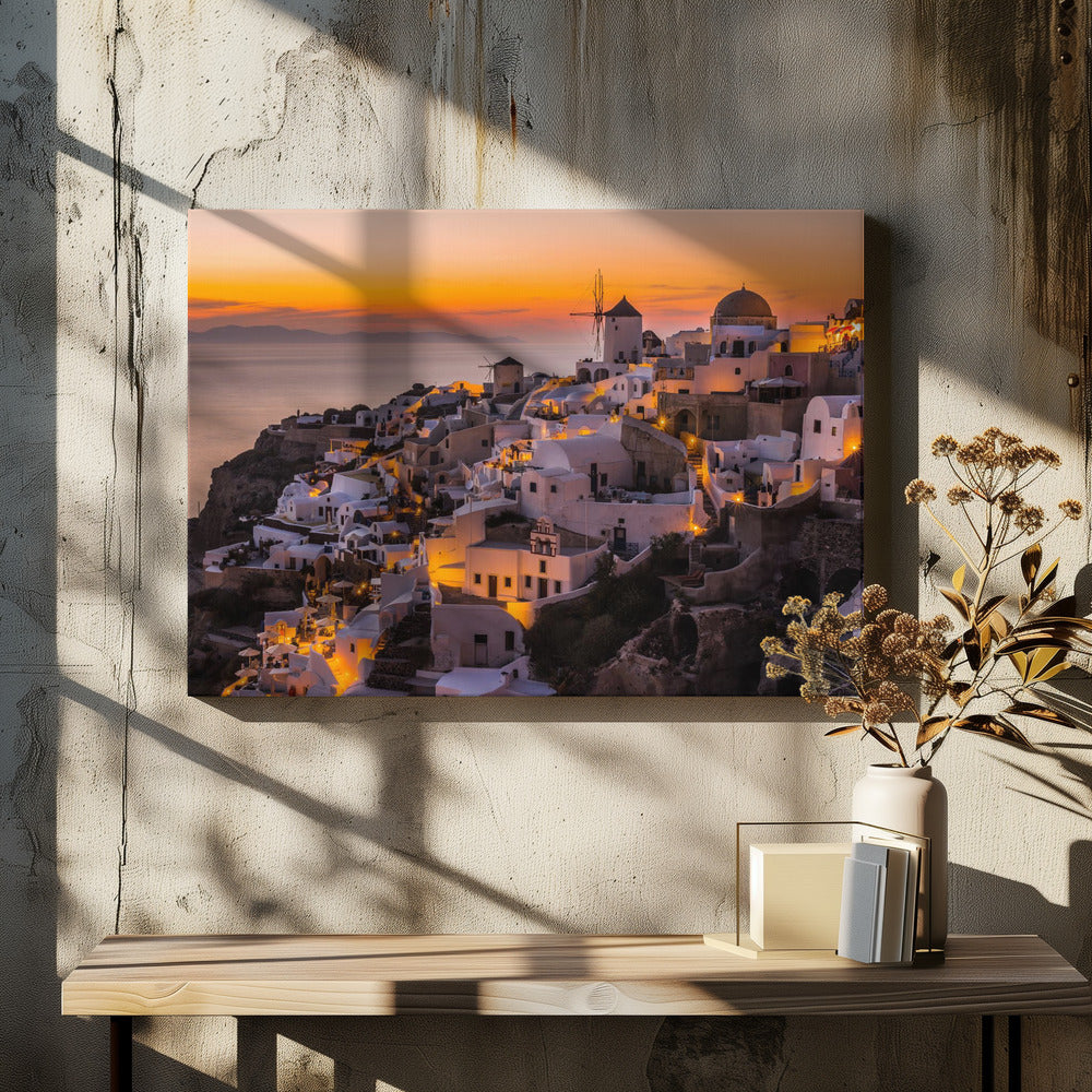 Santorini Village at Golden Sunset Canvas Wall Art | Calispera Santorini