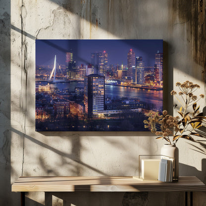 Rotterdam Skyline and Erasmus Bridge at Night Canvas Wall Art | Big Rotterdam 2