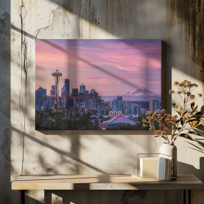 Seattle Skyline with Pink Morning Sky Canvas Wall Art | Good Morning, Seattle!