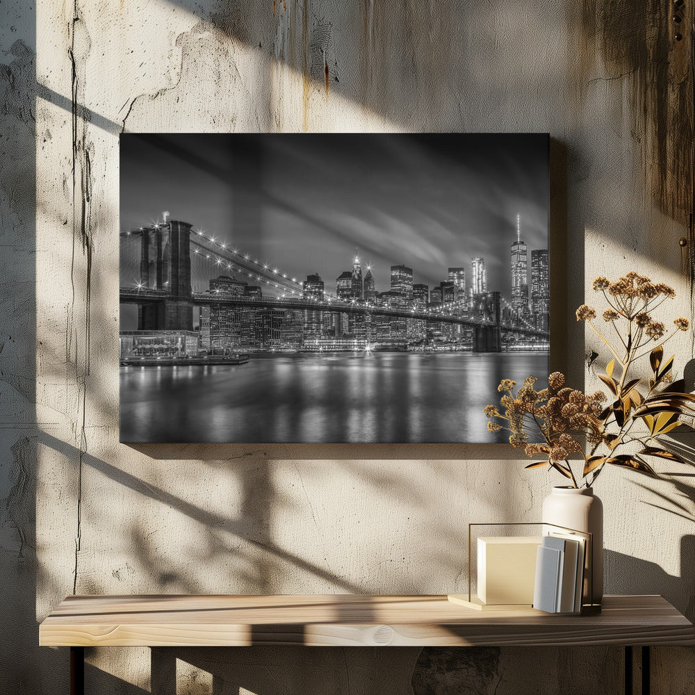 Monochrome Brooklyn Bridge Night Skyline Canvas Wall Art | BROOKLYN BRIDGE Nightly Impressions - Monochrome