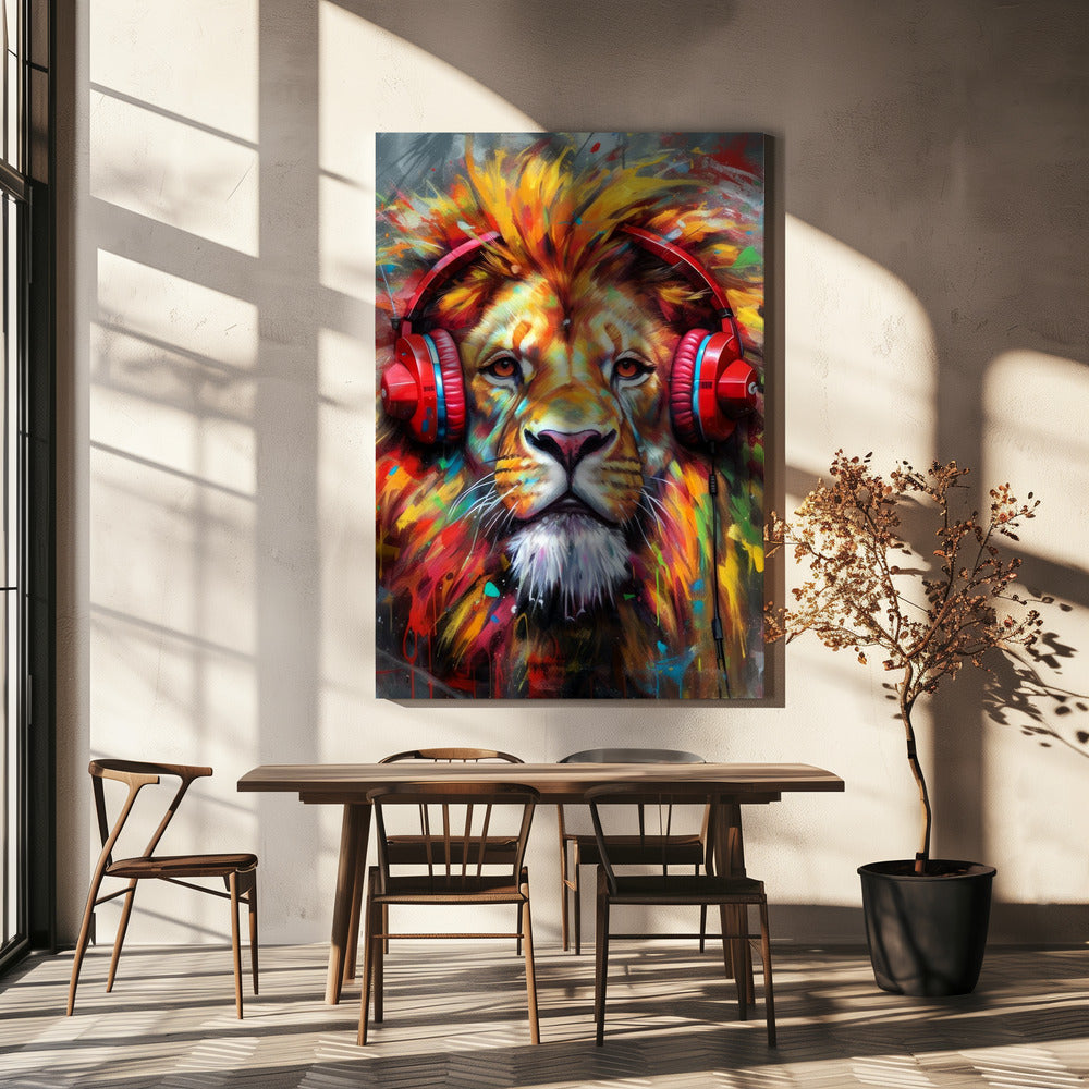 Colourful Lion Wearing Red Headphones Canvas Wall Art | Lion With Headphones animal
