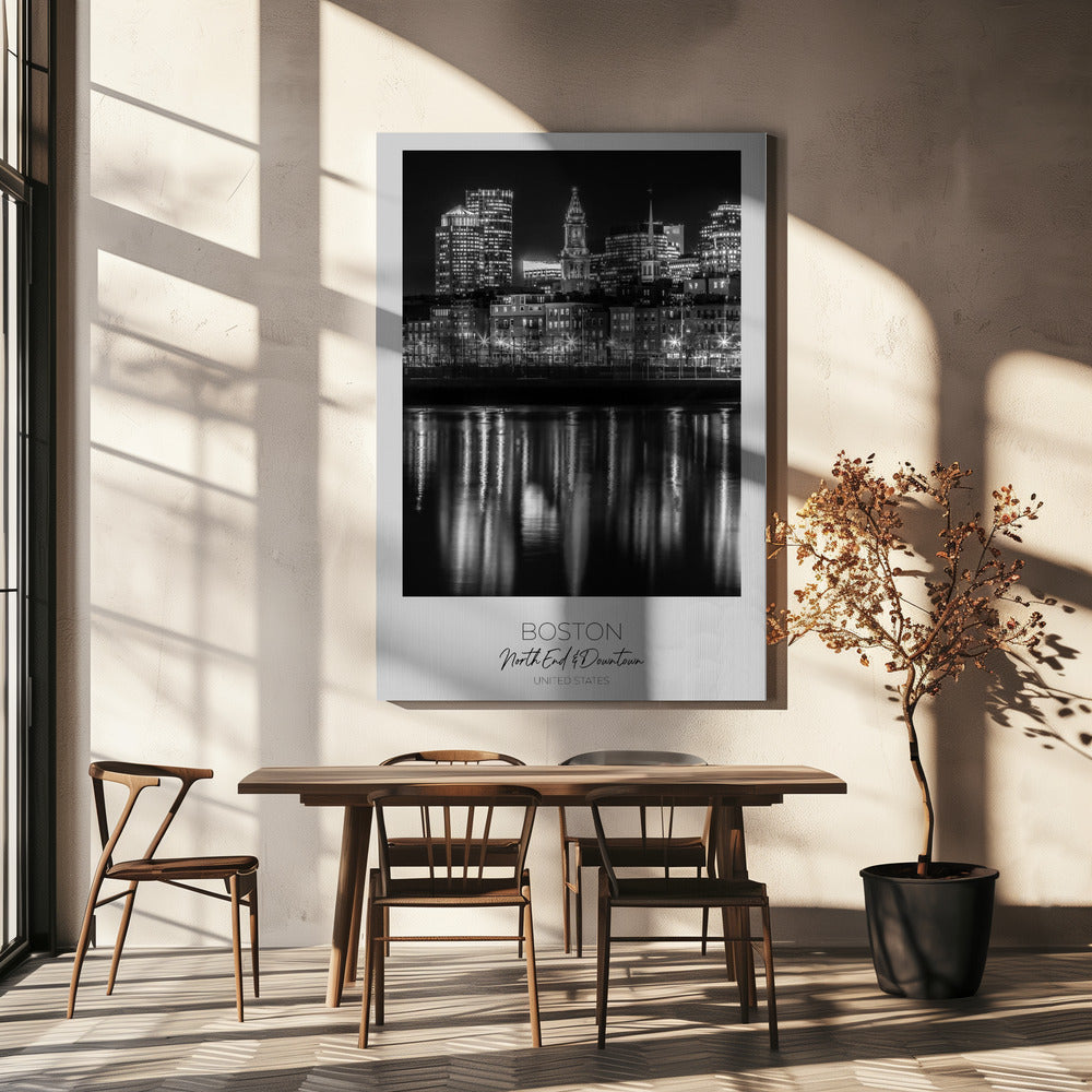 Boston Waterfront Night Reflections Canvas Wall Art | BOSTON Evening Skyline of North End