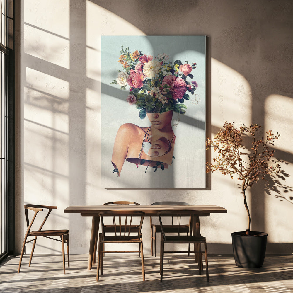 Surreal Woman with a Flower Bouquet Head Canvas Wall Art | Flower Ism