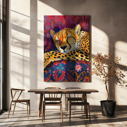 Resting Cheetah on Richly Patterned Fabric Canvas Wall Art