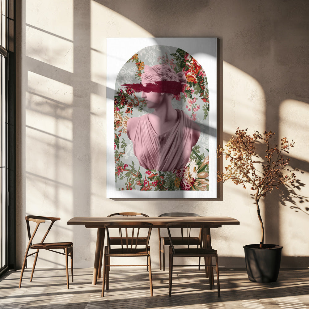 Classical Bust with Flowers and Pink Blindfold Canvas Wall Art | Floralartemis Ratio2x3