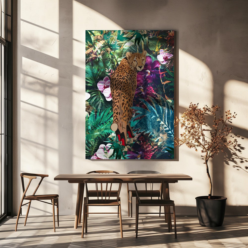 Cheetah in Red Heels Tropical Collage Canvas Wall Art | Tropical Floral Jungle - Cheetah in heels