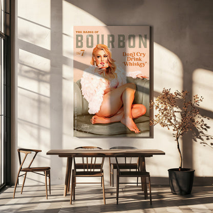 Whiskey Pinup with White Feather Wrap Canvas Wall Art | Babes of Bourbon Vol 7 Sexy Vintage Whiskey Pinup Girl