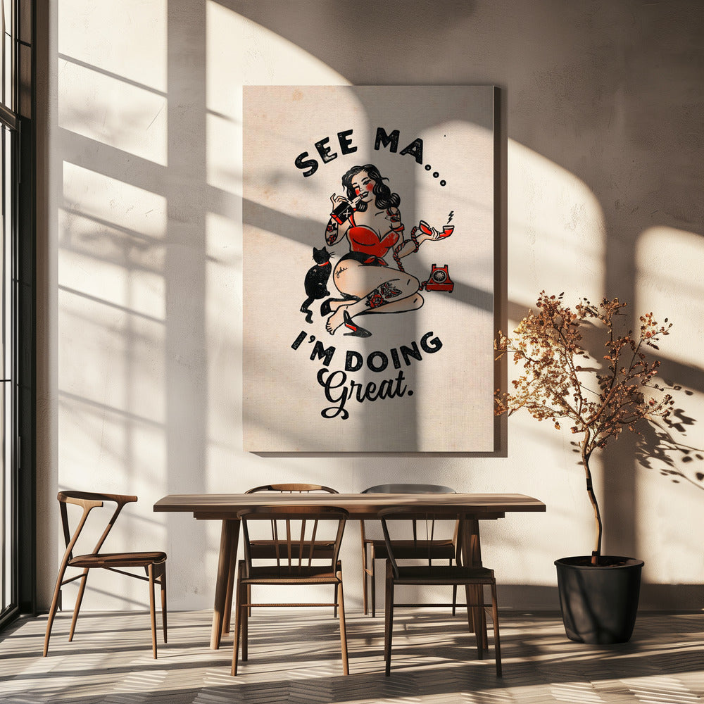 Funny Retro Pinup Woman and Cat Poster Canvas Wall Art | See Ma Poster Funny Vintage Pinup Girl & Cat