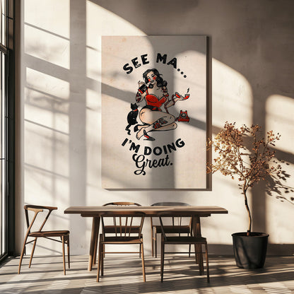 Funny Retro Pinup Woman and Cat Poster Canvas Wall Art | See Ma Poster Funny Vintage Pinup Girl & Cat