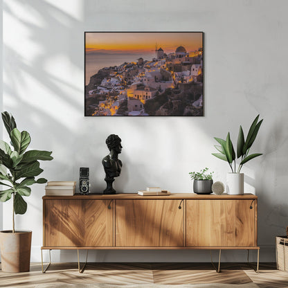 Santorini Village at Golden Sunset Canvas Wall Art | Calispera Santorini