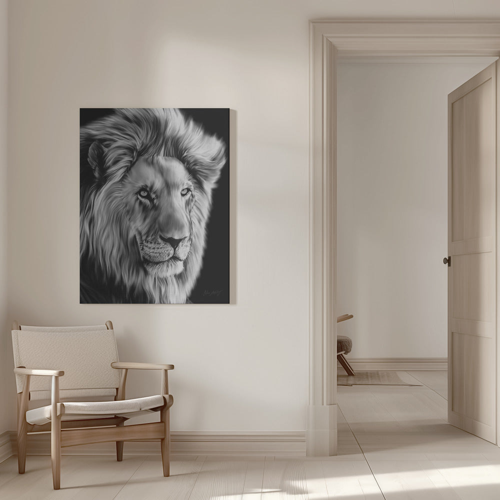 Monochrome Lion with Flowing Mane Canvas Wall Art | Leo II