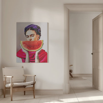 Frida Kahlo with a Watermelon Smile Canvas Wall Art