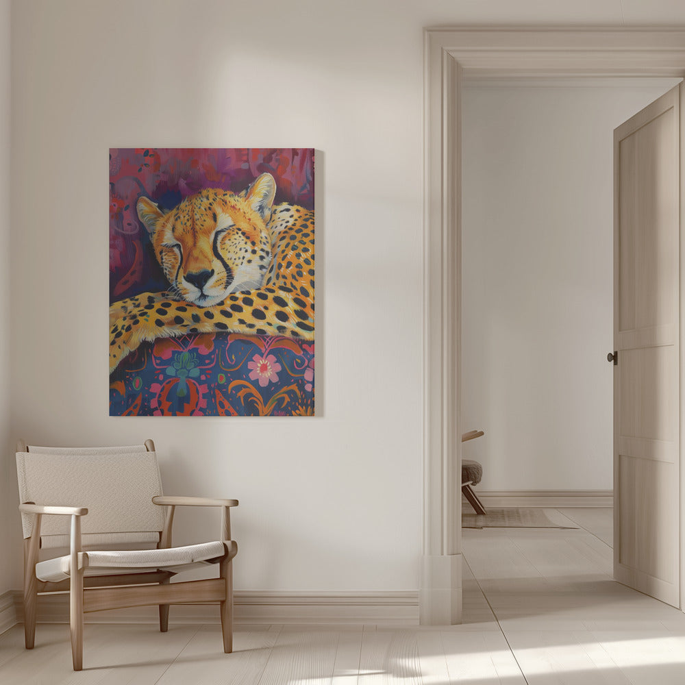 Resting Cheetah on Richly Patterned Fabric Canvas Wall Art
